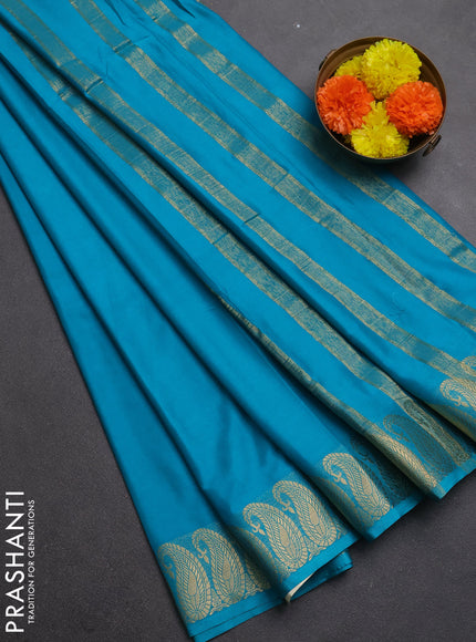 Semi mysore silk saree teal blue with plain body and zari paisley butta border