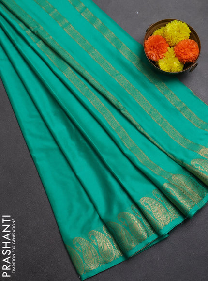 Semi mysore silk saree teal green with plain body and zari paisley butta border
