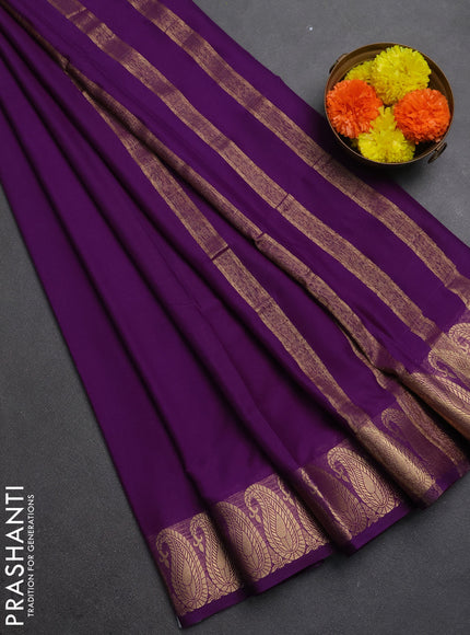 Semi mysore silk saree purple with plain body and zari paisley butta border
