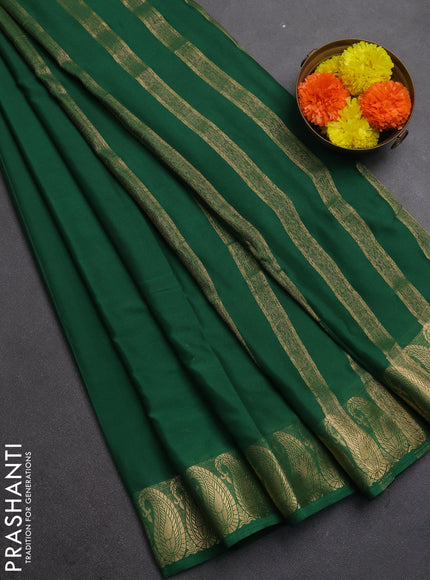 Semi mysore silk saree green with plain body and zari paisley butta border