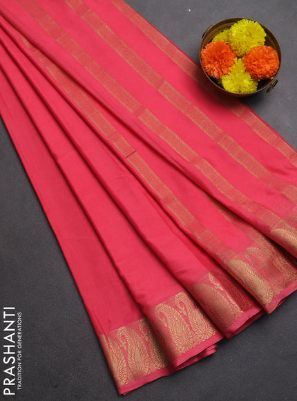 Semi mysore silk saree peach pink with plain body and zari paisley butta border