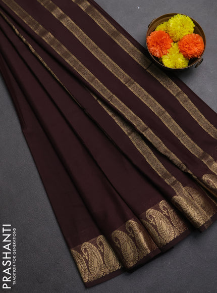 Semi mysore silk saree coffee brown with plain body and zari paisley butta border