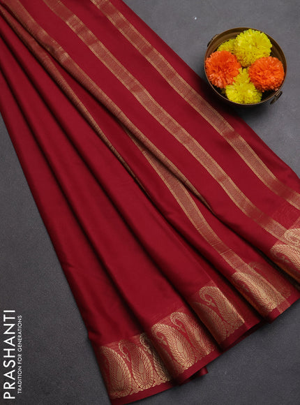 Semi mysore silk saree maroon with plain body and zari paisley butta border