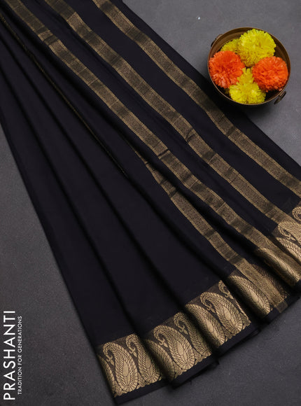 Semi mysore silk saree black with plain body and zari paisley butta border