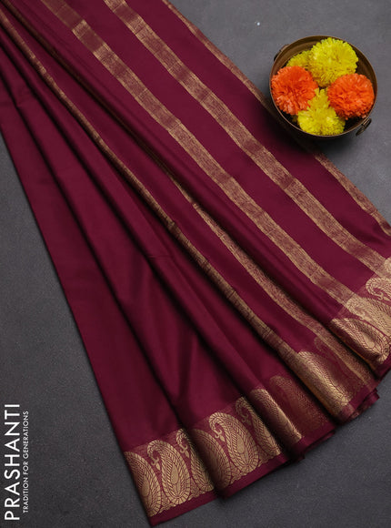 Semi mysore silk saree wine shade with plain body and zari paisley butta border