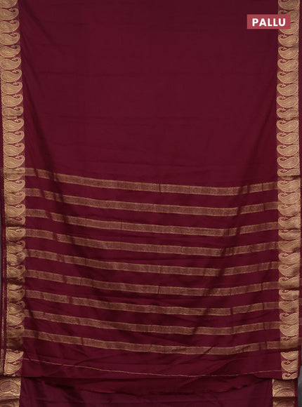 Semi mysore silk saree wine shade with plain body and zari paisley butta border