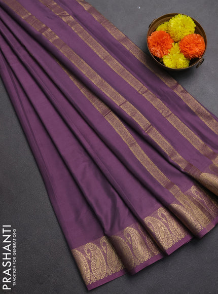 Semi mysore silk saree pastel purple with plain body and zari paisley butta border