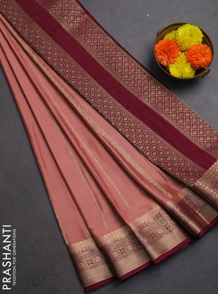 Semi mysore silk saree peach shade and maroon with allover zari weaves and zari woven border