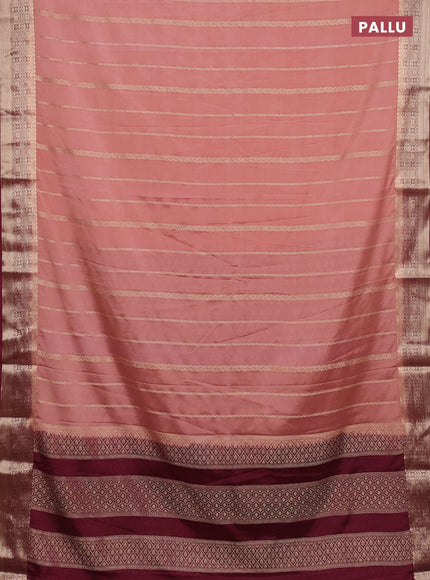 Semi mysore silk saree peach shade and maroon with allover zari weaves and zari woven border
