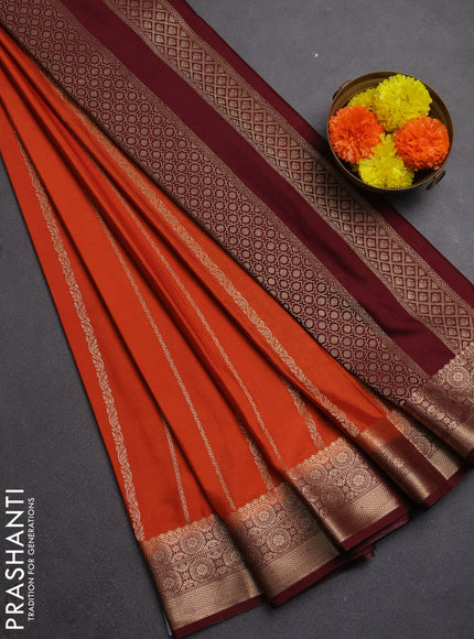 Semi mysore silk saree rustic orange and maroon with allover zari weaves and zari woven border