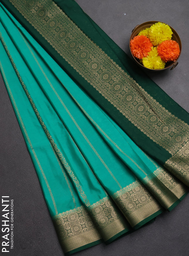 Semi mysore silk saree teal green and green with allover zari weaves and zari woven border