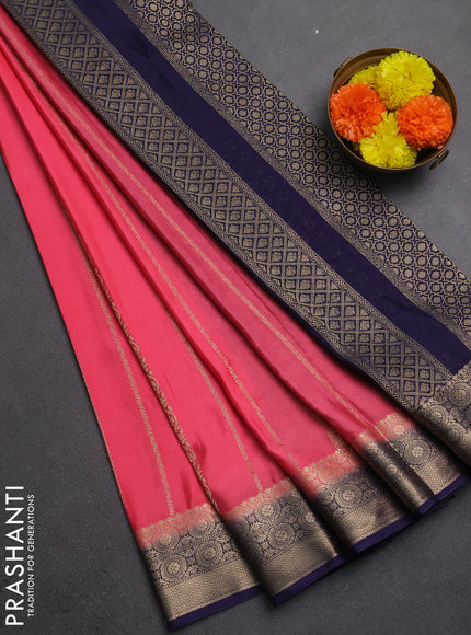 Semi mysore silk saree peach pink and navy blue with allover zari weaves and zari woven border