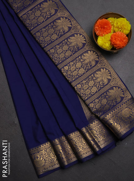Semi mysore silk saree navy blue with plain body and zari woven border