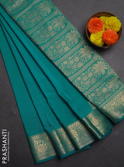 Semi mysore silk saree teal blue with plain body and zari woven border