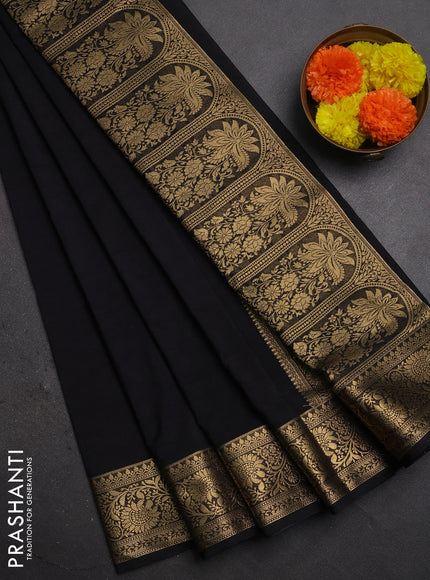 Semi mysore silk saree black with plain body and zari woven border