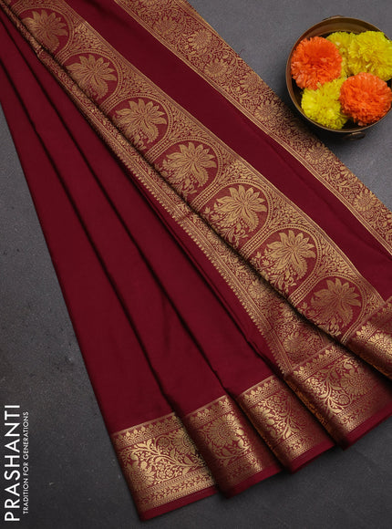 Semi mysore silk saree maroon with plain body and zari woven border