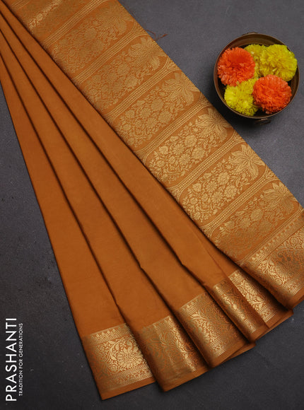 Semi mysore silk saree dark mustard with plain body and zari woven border