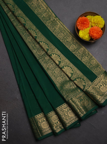 Semi mysore silk saree green with plain body and zari woven border