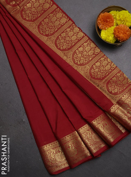 Semi mysore silk saree red shade with plain body and zari woven border