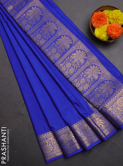 Semi mysore silk saree blue with plain body and zari woven border