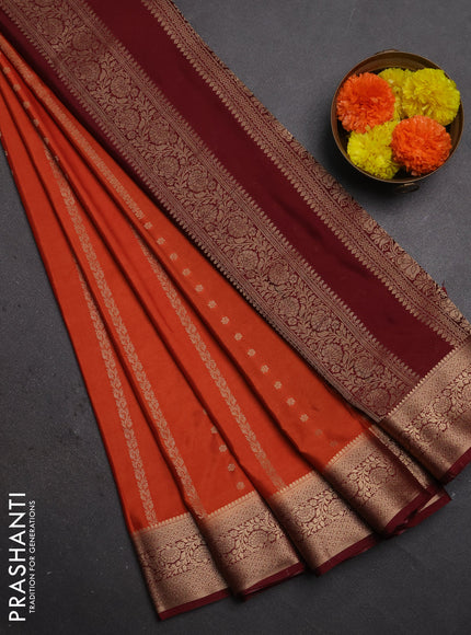 Semi mysore silk saree rustic orange and maroon with allover zari weaves and zari woven border