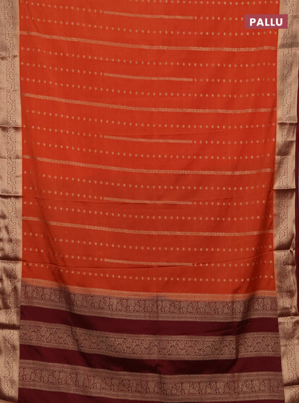 Semi mysore silk saree rustic orange and maroon with allover zari weaves and zari woven border