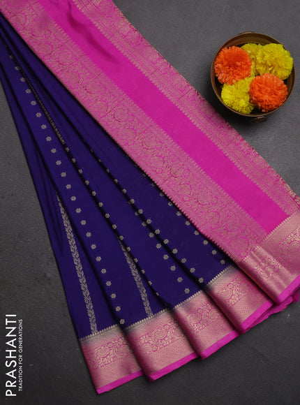 Semi mysore silk saree navy blue and pink with allover zari weaves and zari woven border