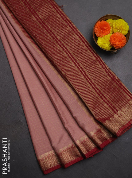 Semi mysore silk saree dark peach and maroon with allover zari checked pattern and zari woven border