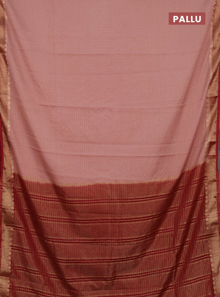 Semi mysore silk saree dark peach and maroon with allover zari checked pattern and zari woven border