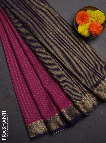 Semi mysore silk saree mauve pink and navy blue with allover zari checked pattern and zari woven border