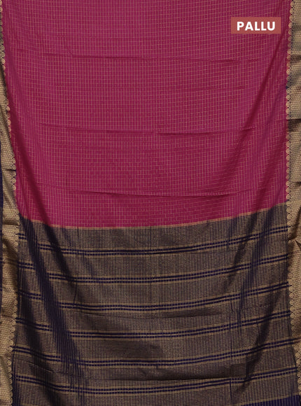 Semi mysore silk saree mauve pink and navy blue with allover zari checked pattern and zari woven border
