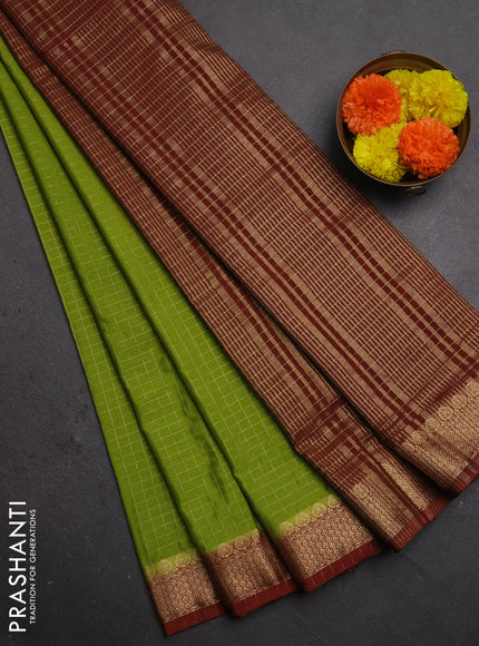 Semi mysore silk saree light green and brown with allover zari checked pattern and zari woven border