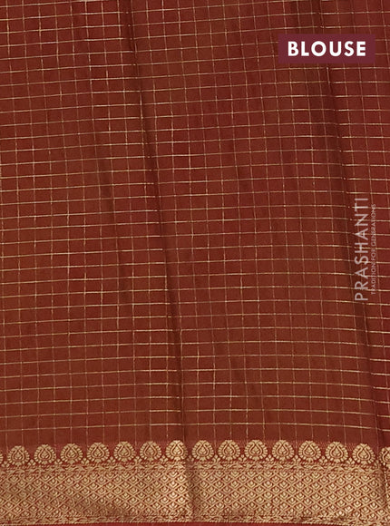 Semi mysore silk saree light green and brown with allover zari checked pattern and zari woven border