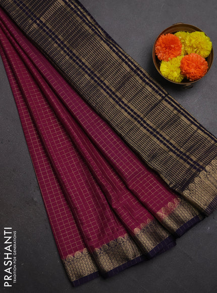 Semi mysore silk saree wine shade and navy blue with allover zari checked pattern and zari woven border