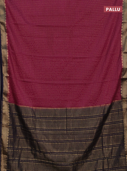 Semi mysore silk saree wine shade and navy blue with allover zari checked pattern and zari woven border