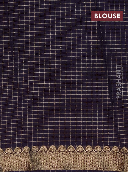 Semi mysore silk saree wine shade and navy blue with allover zari checked pattern and zari woven border
