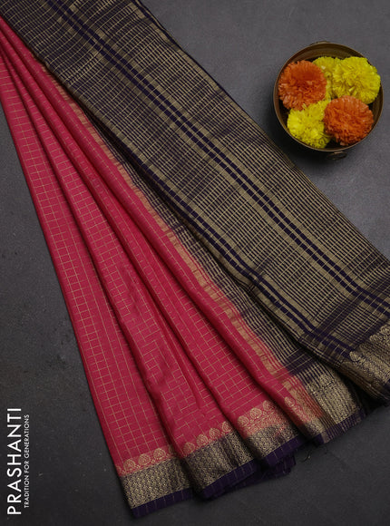 Semi mysore silk saree peach pink and violet with allover zari checked pattern and zari woven border