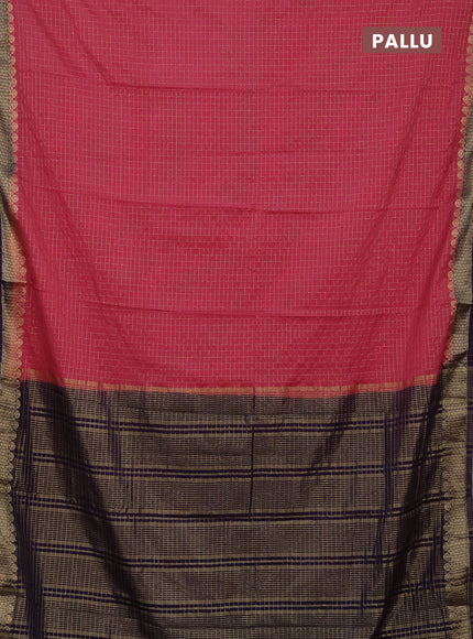 Semi mysore silk saree peach pink and violet with allover zari checked pattern and zari woven border