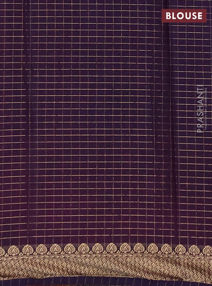 Semi mysore silk saree peach pink and violet with allover zari checked pattern and zari woven border
