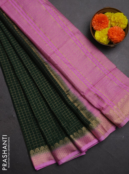 Semi mysore silk saree bottle green and lotus pink with allover zari checked pattern and zari woven border