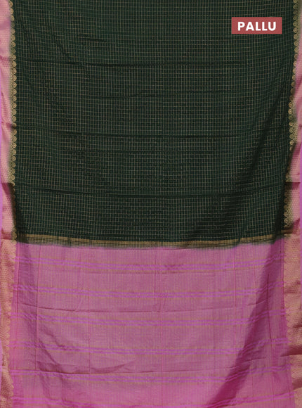 Semi mysore silk saree bottle green and lotus pink with allover zari checked pattern and zari woven border