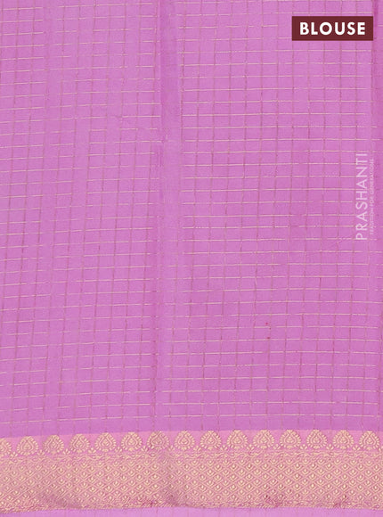 Semi mysore silk saree bottle green and lotus pink with allover zari checked pattern and zari woven border