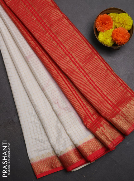 Semi mysore silk saree off white and orange with allover zari checked pattern and zari woven border