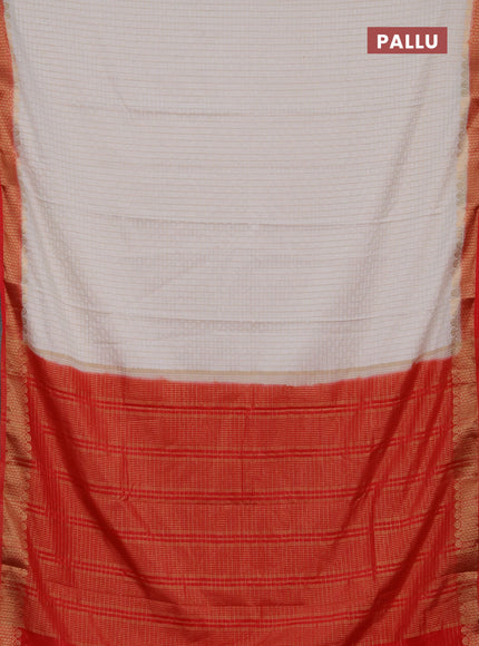 Semi mysore silk saree off white and orange with allover zari checked pattern and zari woven border