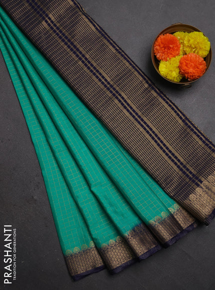 Semi mysore silk saree teal green and navy blue with allover zari checked pattern and zari woven border