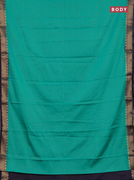 Semi mysore silk saree teal green and navy blue with allover zari checked pattern and zari woven border