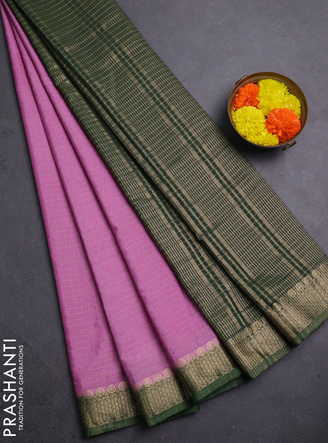 Semi mysore silk saree lotus pink and green with allover zari checked pattern and zari woven border