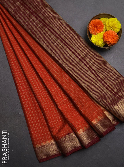 Semi mysore silk saree orange and maroon with allover zari checked pattern and zari woven border
