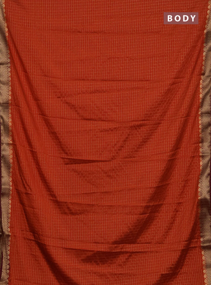 Semi mysore silk saree orange and maroon with allover zari checked pattern and zari woven border