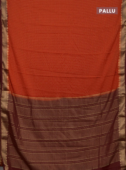 Semi mysore silk saree orange and maroon with allover zari checked pattern and zari woven border